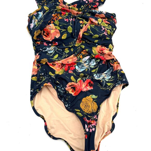 Garnet Hill Floral Ruched Twist Neck One-Piece Swimsuit New Size 14 - Picture 1 of 8